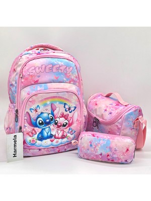 Harmela Kız Çocuk Ilk Okul Çantası 3'lü Set Ilkokul Çantası Karakter Desenli Takım Pudra