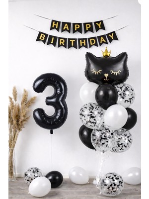 Patladı Gitti 3 Yaş Kedi Temalı Doğum Günü Balon Seti – Siyah Konsept