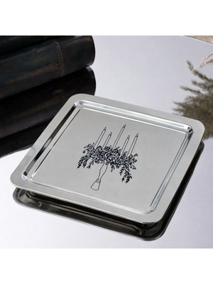 Beige & Stone Şamdan Desenli Kare Paslanmaz Çelik Kahve Çay Söz Nişan Sunum ve Dekoratif Tepsi