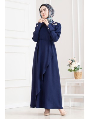 Sevitli Omuzu Toka Detaylı Tesettür Elbise-Lacivert