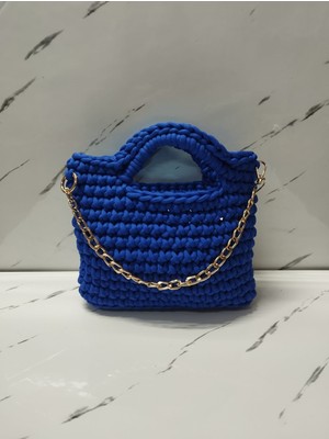 Vela Bohem El Yapımı Mavi Kordon İp Örgülü Zincirli El ve Kol Çantası