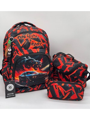 Bevitton Erkek Çocuk Ilk Okul Çantası 3'lü Set Ilkokul Çantası Karakter Desenli Takım Kırmızı
