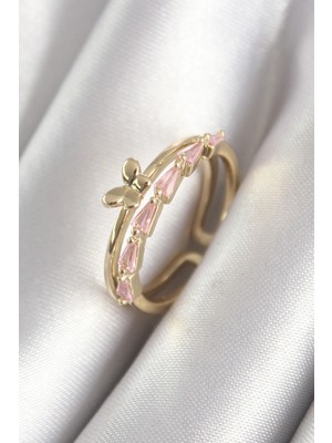 Najmaddin Pirinç Gold Renk Zirkon Taşlı Kelebek Figür Kadın Yüzük