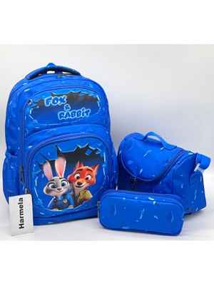 Harmela Unisex Çocuk Ilk Okul Çantası 3'lü Set Ilkokul Çantası Karakter Desenli Takım Mavi