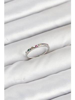 Najmaddin Pirinç Gümüş Renk Renkli Zirkon Taşlı Kadın Yüzük