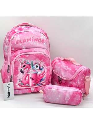 Harmela Kız Çocuk Ilk Okul Çantası Pembe 3'lü Set Ilkokul Çantası Karakter Desenli Takım