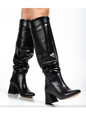 Cash Dukkan SYT-2002 Siyah Kırışık Rugan Körüklü Kalın Topuklu Günlük Bayan Çizme