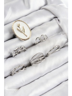 Najmaddin Pirinç Zirkon Taşlı Lale Model Gümüş Renk Kadın Yüzük Kombin Set