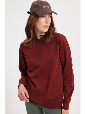 Tudors Kadın Oversize Geniş Kesim %100 Pamuk 2 Iplik Bisiklet Yaka bordo Sweatshirt 