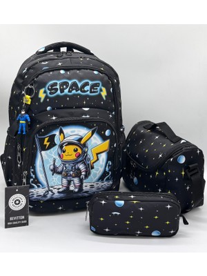 Bevitton Çocuk Ilk Okul Çantası 3'lü Set Ilkokul Çantası Karakter Desenli Takım Siyah