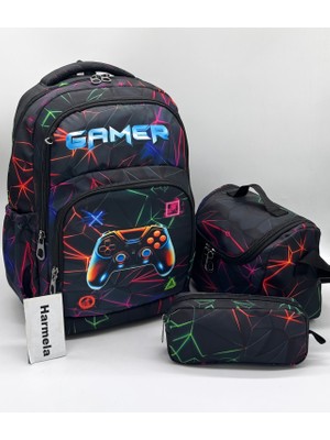 Harmela Çocuk Ilk Okul Çantası Siyahy 3'lü Set Ilkokul Çantası Karakter Desenli Takım