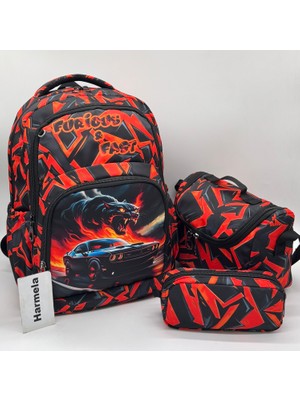 Harmela Erkek Çocuk Ilk Okul Çantası 3'lü Set Ilkokul Çantası Karakter Desenli Takım Kırmızı