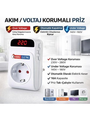 Horoz Protex-R Voltaj Korumalı Priz – Dijital Ekranlı, Ayarlanabilir Aşırı & Düşük Voltaj Koruması