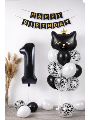 Patladı Gitti 1 Yaş Kedi Temalı Doğum Günü Balon Seti – Siyah Konsept