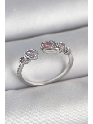 Najmaddin Pirinç Gümüş Renk Pembe Damla Zirkon Taşlı Ayarlanabilir Model Kadın Yüzük