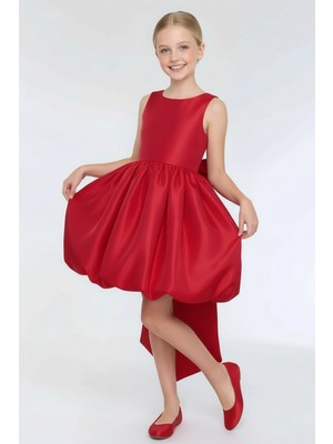 Kız Çocuk Kare Yaka Saten Kumaş Belden Fiyonklu Pileli Balon Etek Abiye Elbise 9-12 Yaş