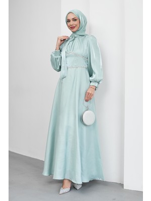 İmaj Butik Mint Yeşili Yakası Fiyonklu Beli Taş Detaylı Balon Kol Abiye