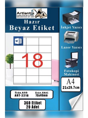 Artlantis A4 Hazır Etiket 70X46 mm 20 Sayfa 1 Paket 18 Li Kendinden Yapışkanlı Fotokopi Lazer Inkjet Kağıdı Yazıcılar Için Uyumlu