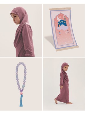 Allnoor Kids Namaz Seti / Ibadet Seti -Kız Çocuk Namaz Elbisesi, Ay Yıldız Kabe Desenli Seccade , Tespih