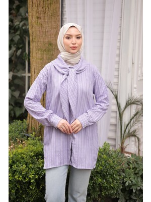 İmaj Butik Mor Yaka Detaylı  Pötikareli Tunik Gömlek