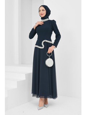 İmaj Butik Lacivert Asimetrik Detaylı Taşlı Abiye