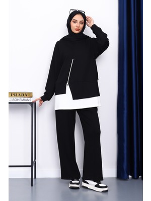 İmaj Butik Siyah Fermuar Detaylı Modal Tunik Pantolonlu Takım