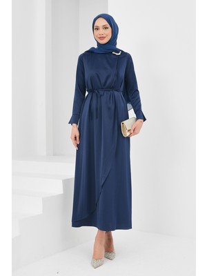 İmaj Butik Lacivert Yaka Tokalı Saten Abiye