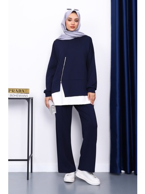 İmaj Butik Lacivert Fermuar Detaylı Modal Tunik Pantolonlu Takım