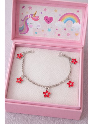 925 Ayar Gümüş Çiçek Detaylı Mineli Sallantı Çocuk Bilekliği .