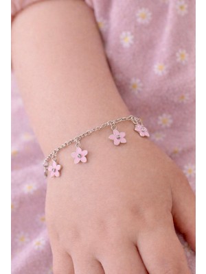 925 Ayar Gümüş Çiçek Detaylı Mineli Sallantı Çocuk Bilekliği .