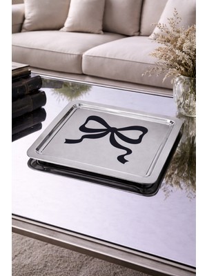 Beige & Stone Siyah Fiyonk Desenli Kare Paslanmaz Çelik Kahve Çay Söz Nişan Sunum ve Dekoratif Tepsi