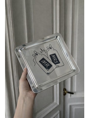 Beige & Stone Mr. & Mrs. Desenli Kare Paslanmaz Çelik Kahve Çay Söz Nişan Sunum ve Dekoratif Tepsi