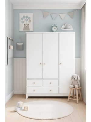 Koza %100 Mdf Bonnie Beyaz 3 Kapılı Bebek&çocuk Gardırop