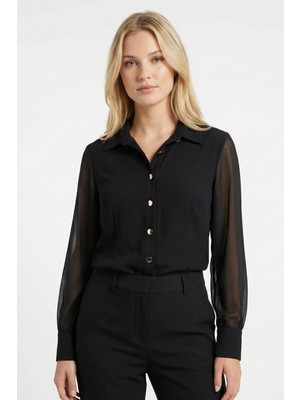 Rays 9475 Kol Tüllü Düğmeli Bluz Siyah