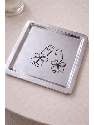 Beige & Stone Kadeh Desenli Kare Paslanmaz Çelik Çelik Çay Söz Nişan Sunum ve Dekoratif Tepsi