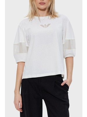 Emporio Armani Pamuklu Regular Fit Bisiklet Yaka Kol Detaylı T Shirt Bayan T Shirt EW004390 AF13318 U0006