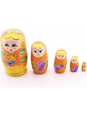 Marsilyan Ahşap Tombul İç İçe Matruşka Bebek Turuncu Set 5li Büyük Boy