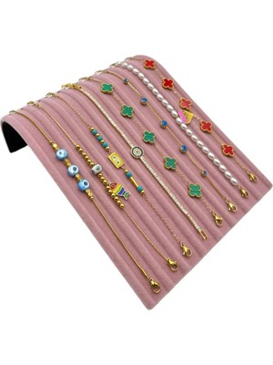 Sezgin Kutu ve Aksesuar Bileklik Standı Oval Bileklik Organizeri Pembe Süet Kumaş Kaplama