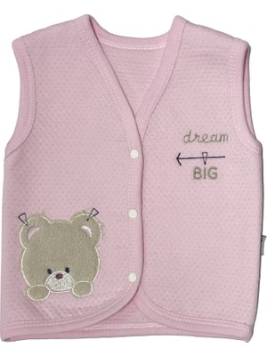 Ayıcık Nakışlı Pembe Kız Bebek Penye Yelek