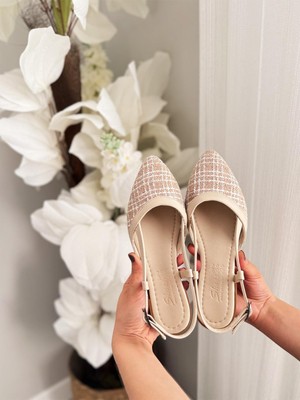 Asmi Shoes Kadın Tena Bej Keten  Arkası Açık Sivri Burun Günlük Babet  Krem 2 Bej