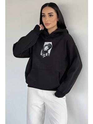 Gülseli Kadın Kapüşonlu Baskılı Kanguru Cep Şardonlu Sweatshirt P-00020390
