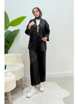 Tesettür Diyarı Vanila Bağlamalı Keten Kimono Takım- Siyah