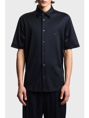 Emporio Armani Pamuk Karışımlı Slim Fit Logolu Kısa Kollu Gömlek Erkek Gömlek EM004603 AF10017 UB118