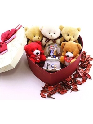 Marsilyan Sevgiliye Özel Kalp Kutu Içinde Kar Küresi ve Yavru Ayıcıklar Hediye Kutusu