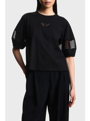 Emporio Armani Pamuklu Regular Fit Bisiklet Yaka Kol Detaylı T Shirt Bayan T Shirt EW004390 AF13318 UC001