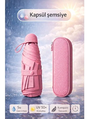 Rosemor Kapsül Şemsiye Otomatik Aç Kapa Rüzgara Dayanıklı Taşıma Kılıflı Mini Çanta Boy Şemsiye-Pembe