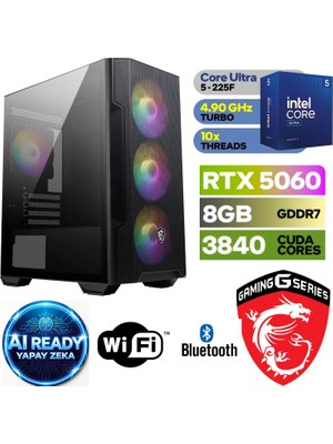 MSI Şafak-Gaming | Yapay Zeka (Aı) Destekli | Intel Core Ultra 5 225F | Rtx 5060 8gb | 64GB Ddr5 Ram | 1tb Nvme | Wifi+Bt | Oyun & Render Istasyonu