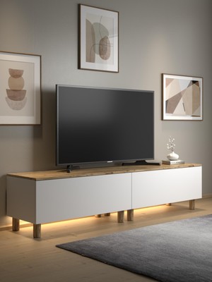 Wood'n Love Nora Bohem  Ledli Tv Ünitesi 200 cm 2 Kapaklı Dolaplı Atlantik Çam / Beyaz