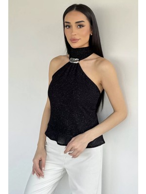Gülseli Kadın Sırt Dekolteli Işıltılı Fular Detaylı Bluz P-00020386