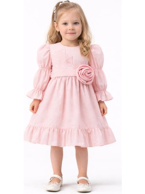 İrem Çocuk Giyim Kız Çocuk Çiçek Detaylı Balon Kol Model Etek Kısmı Fırfırlı Uzun Kol Midi Boy Pembe Renk Elbise